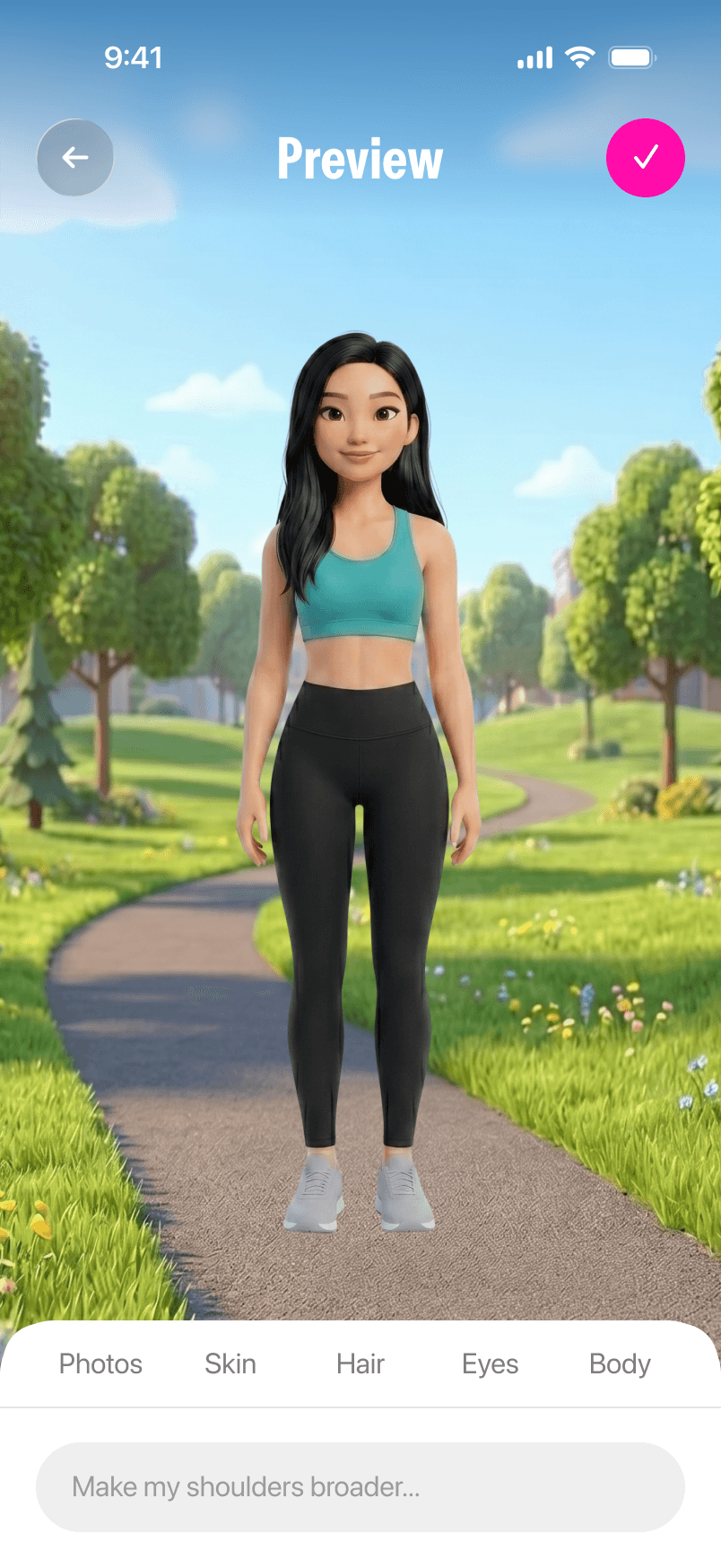 Twinsi avatar editing screen with outfit customization controls
