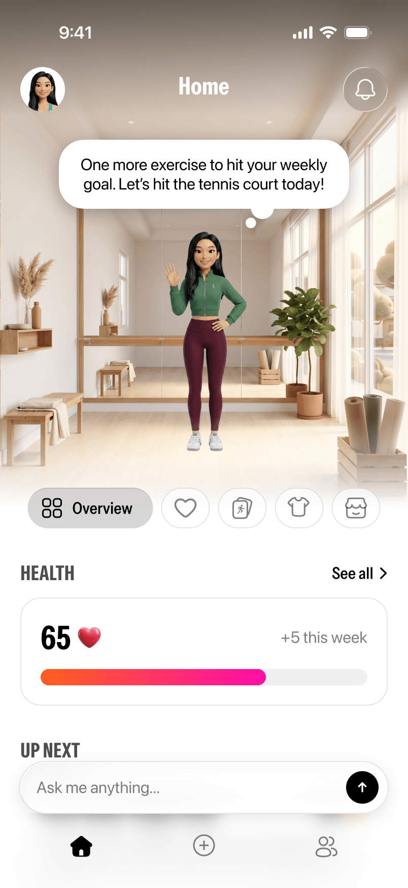 Twinsi home overview screen with avatar, weekly goal prompt, health score, and navigation tabs