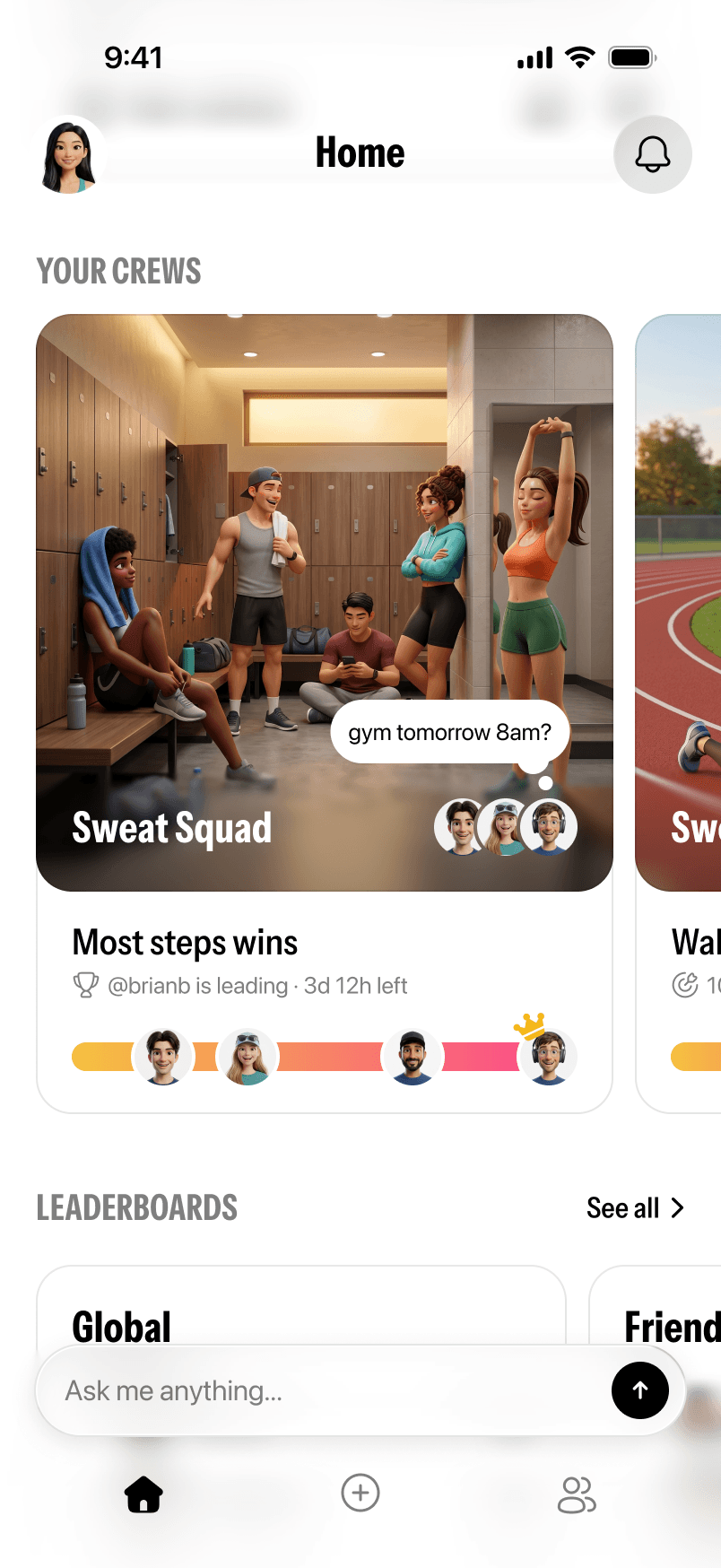 Twinsi home overview screen scrolled through health, workouts, crews, and leaderboards