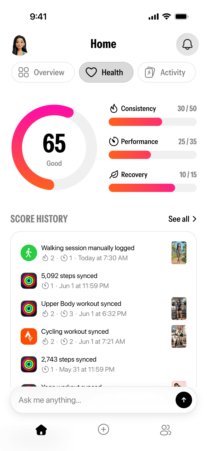 Twinsi health tab showing step count, heart rate, energy burned, and progress charts