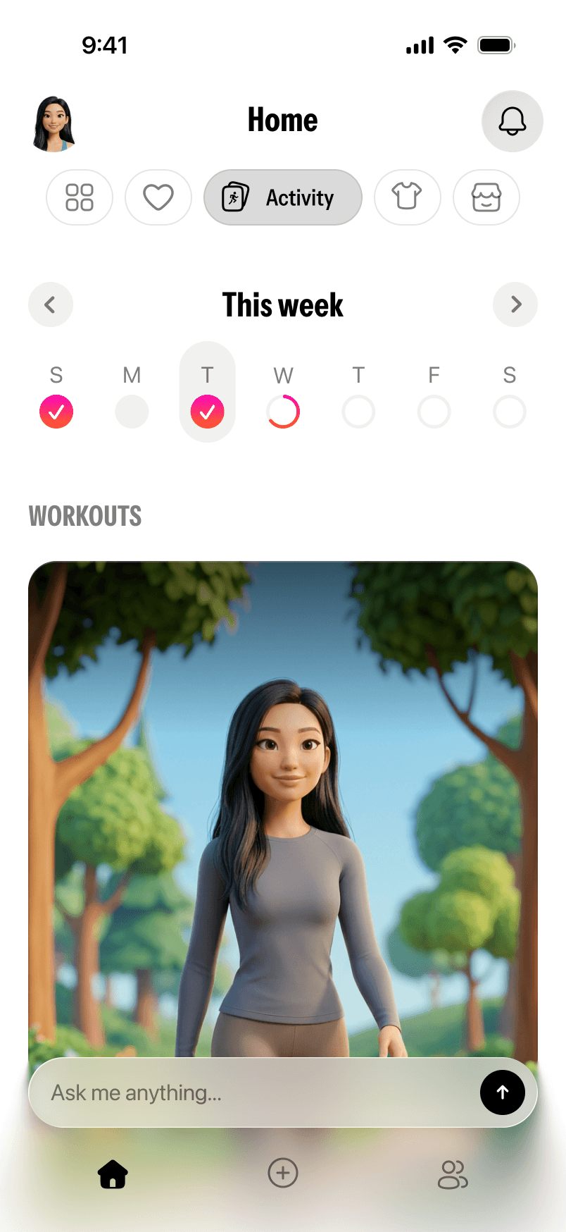 Twinsi activity tab showing goal progress, workouts, and activity history