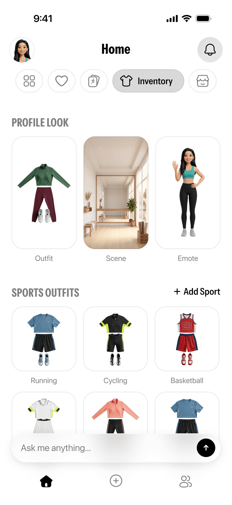 Twinsi inventory tab showing collected outfits, trophies, and medals