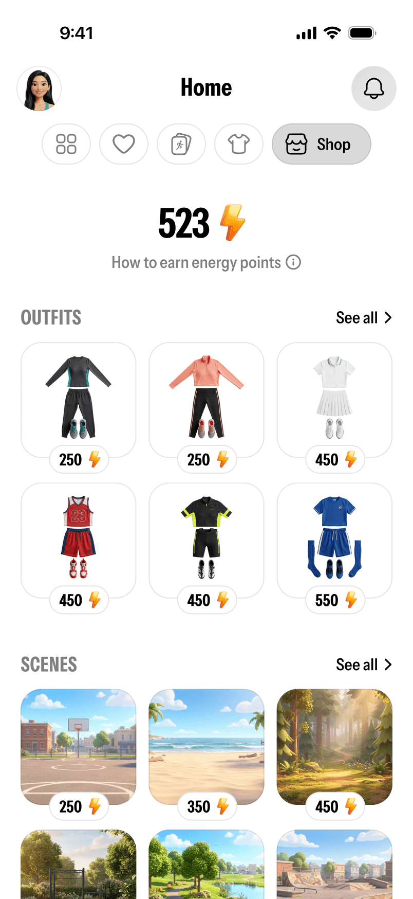 Twinsi shop screen showing items that can be unlocked with earned energy